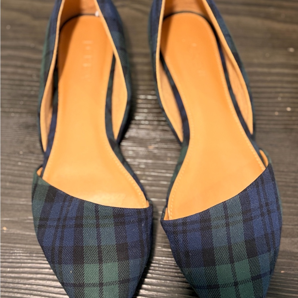 J. Crew Navy and Green Plaid Pointed D'Orsay Flats